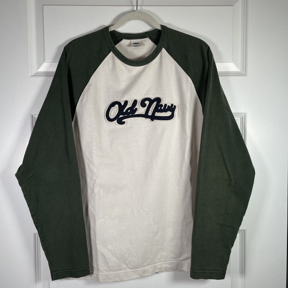 Vintage Old Navy Sweatshirt Green Cream Navy Lettering Patch L Large 2002 - Picture 1 of 8